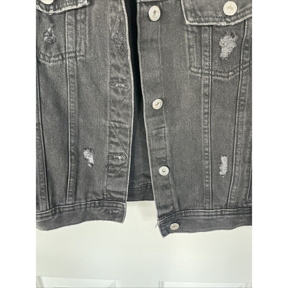 Zara Kids Black Denim Jacket Size 11/12 Distressed Look Cotton Button Closure - Picture 5 of 8